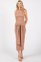 Mocha Ribbed Crop Front Knot Midi Skirt Set