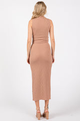 Mocha Ribbed Crop Front Knot Midi Skirt Set