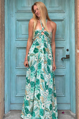 Light Blue Tropical Print Cutout Halter Neck Maxi Dress