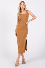 Camel Short Sleeve Ruched Maternity Dress