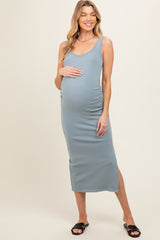 Light Blue Short Sleeve Ruched Maternity Dress