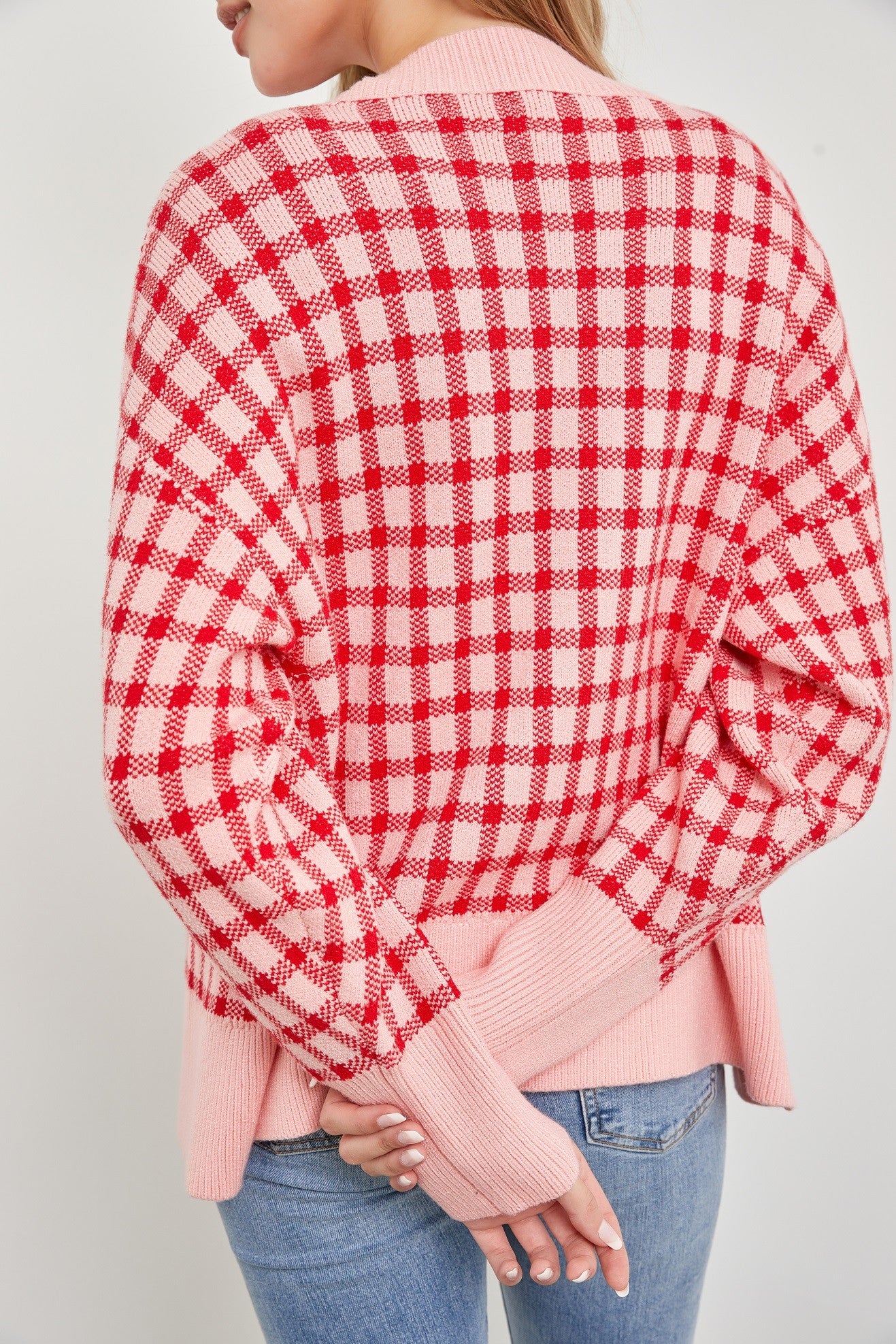 Pink V-Neck Plaid Woven Cardigan