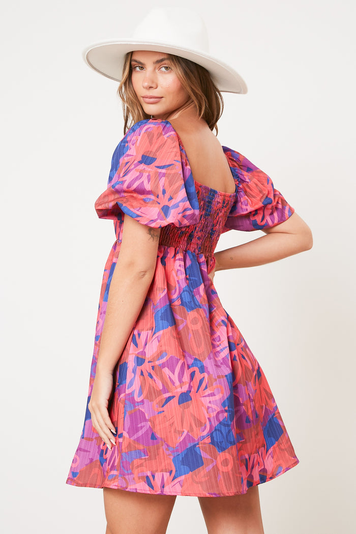 Pink Floral Square Neck Puff Sleeve Dress
