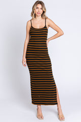 Black Striped Ribbed Side Slit Maternity Midi Dress