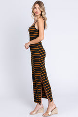 Black Striped Ribbed Side Slit Midi Dress