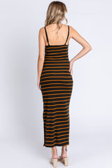 Black Striped Ribbed Side Slit Midi Dress