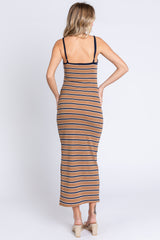 Mocha Striped Ribbed Side Slit Midi Dress