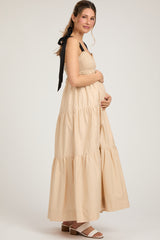 Taupe Contrast Shoulder Straps Maternity Maxi Dress