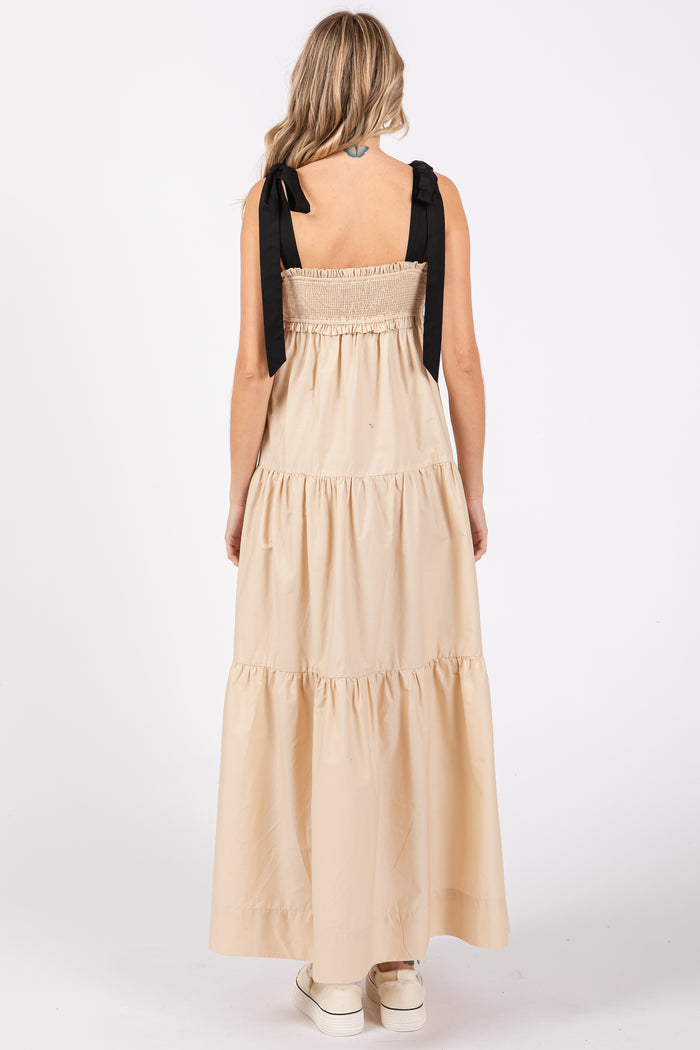 Taupe Contrast Shoulder Straps Maxi Dress