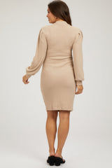 Beige Ribbed Long Sleeve Mock Neck Maternity Dress