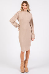 Beige Ribbed Long Sleeve Mock Neck Maternity Dress