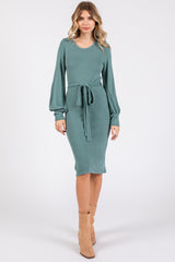 Green Soft Brushed Waist Tie Bubble Sleeve Maternity Dress