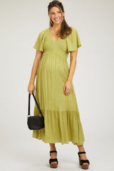 Green Smocked Flutter Sleeve Maternity Midi Dress