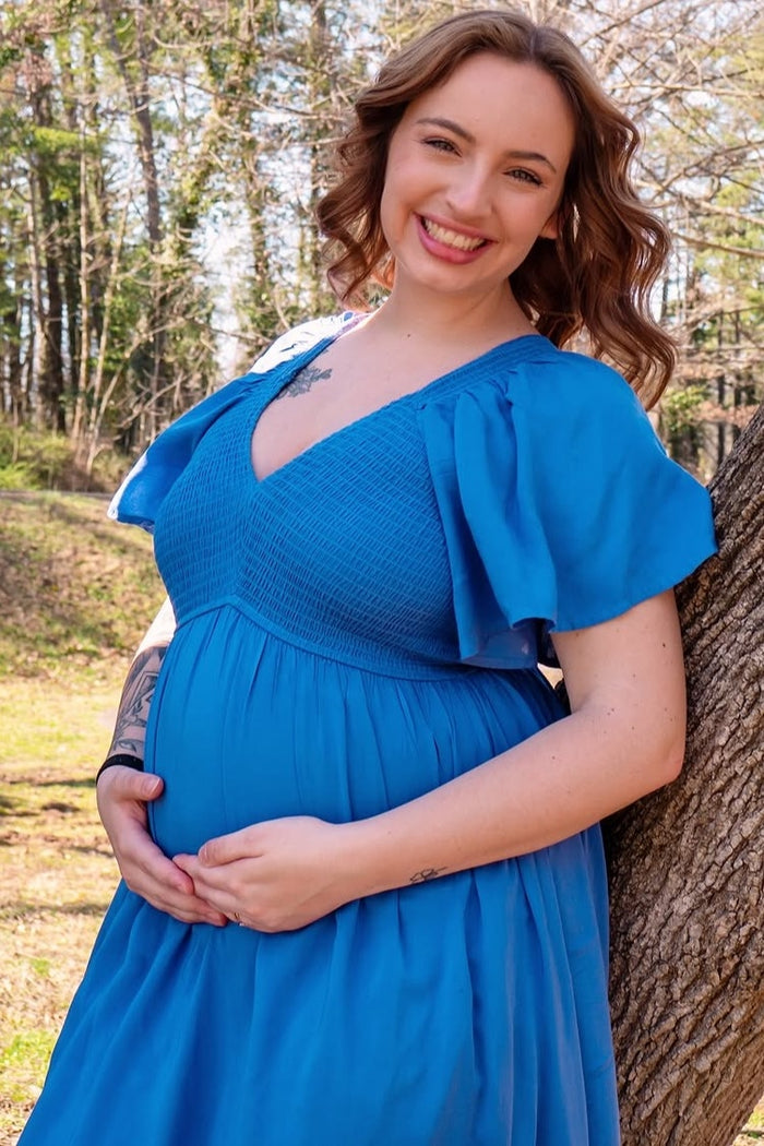 Blue Smocked Flutter Sleeve Maternity Midi Dress