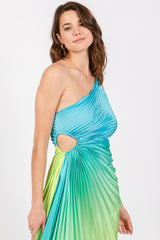 Blue Ombre Pleated Asymmetrical Maxi Dress