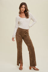 Mocha Suede Pants With Front Slit Detail