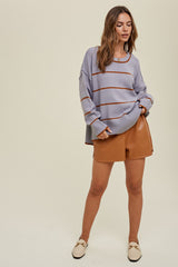 Blue Striped Sweater With Side Slits