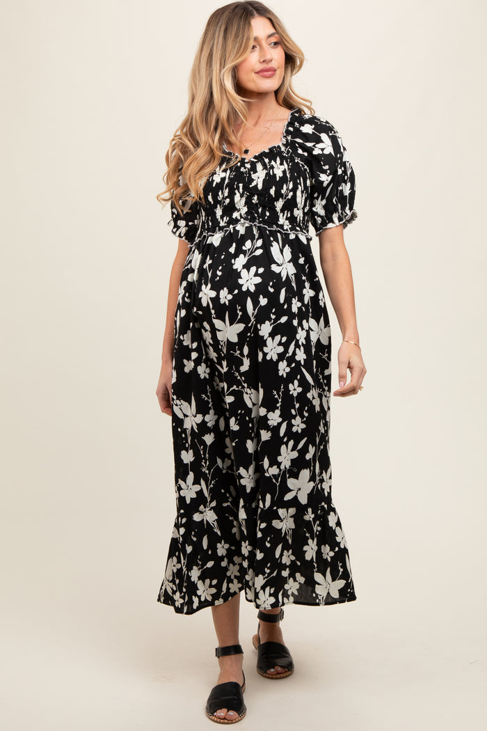 Black Floral Puff Sleeve Maternity Midi Dress