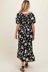 Black Floral Puff Sleeve Maternity Midi Dress