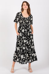 Black Floral Puff Sleeve Maternity Midi Dress