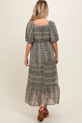 Forest Green V-Neck 3/4 Sleeve Maternity Maxi Dress