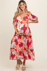 Red Floral V-Neck Short Puff Sleeve Tiered Maternity Midi Dress