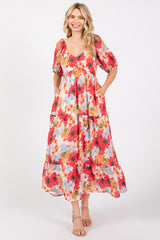 Red Floral V-Neck Short Puff Sleeve Tiered Maternity Midi Dress