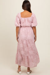 Light Pink Embroidered Leaf Print Striped Maternity Maxi Dress