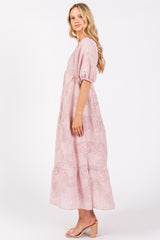 Light Pink Embroidered Leaf Print Striped Maxi Dress