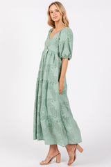 Light Olive Embroidered Leaf Print Striped Maxi Dress