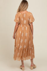 Camel Floral Print Ruffle Hem Maternity Maxi Dress