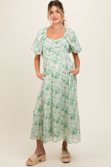 Green Floral Smocked Sweetheart Neck Short Puff Sleeve Maternity Midi Dress