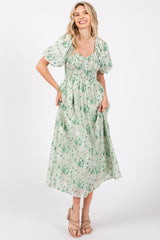 Green Floral Smocked Sweetheart Neck Short Puff Sleeve Maternity Midi Dress