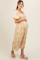 Yellow Floral Smocked Sweetheart Neck Short Puff Sleeve Maternity Midi Dress