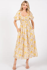 Yellow Floral Smocked Sweetheart Neck Short Puff Sleeve Midi Dress