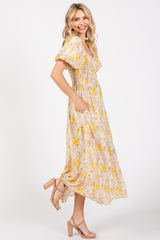 Yellow Floral Smocked Sweetheart Neck Short Puff Sleeve Midi Dress