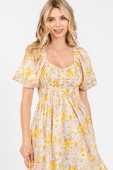 Yellow Floral Smocked Sweetheart Neck Short Puff Sleeve Midi Dress