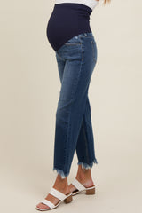 Navy Blue Fringe Hem Maternity Cropped Jeans