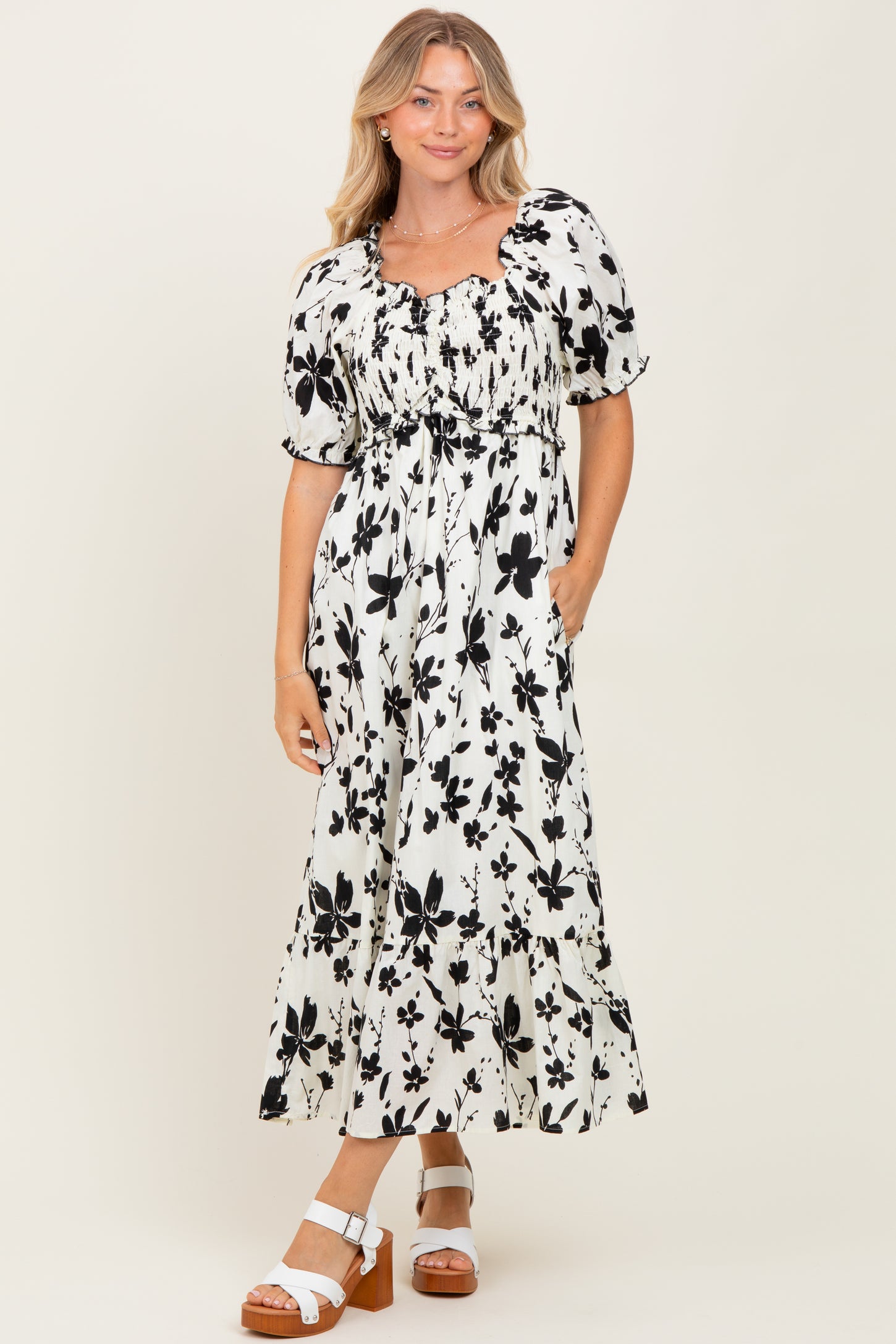 Cream Floral Puff Sleeve Maternity Midi Dress
