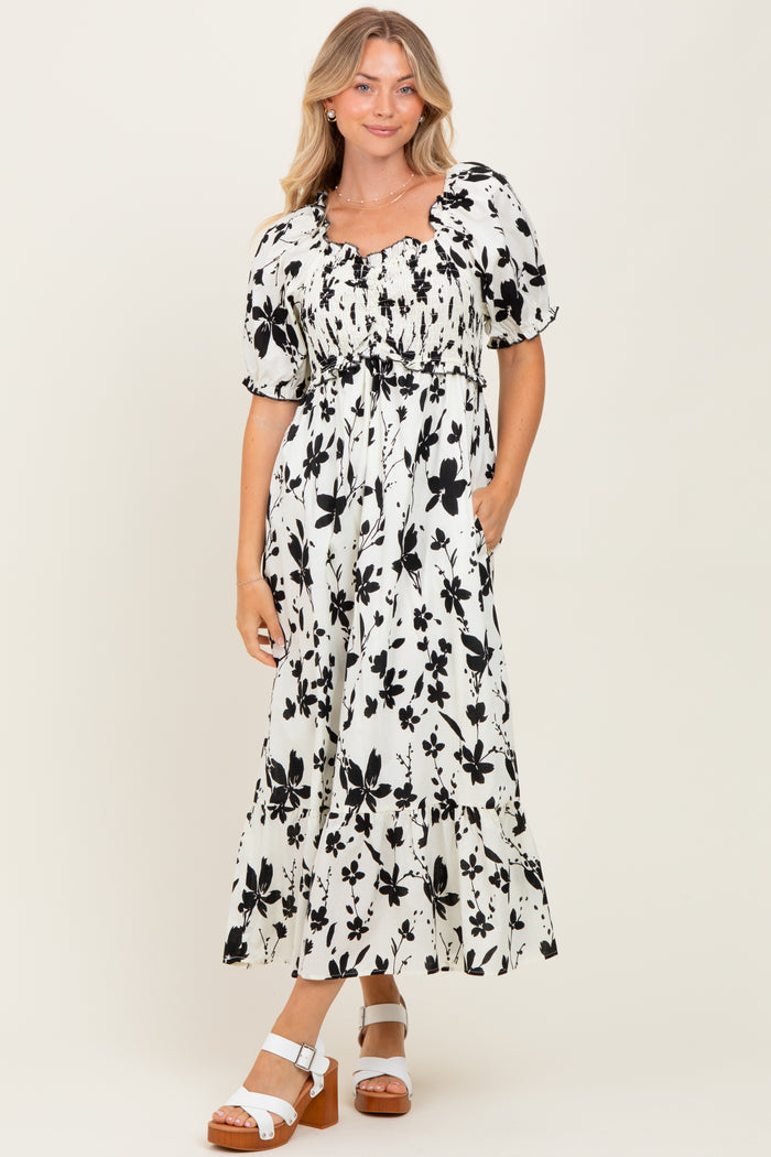 Cream Floral Puff Sleeve Maternity Midi Dress