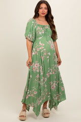 Light Olive Floral Puff Sleeve Maternity Maxi Dress