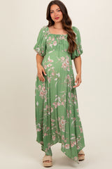 Light Olive Floral Puff Sleeve Maternity Maxi Dress