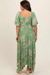 Light Olive Floral Puff Sleeve Maternity Maxi Dress