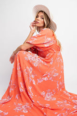 Orange Floral Puff Sleeve Maternity Maxi Dress