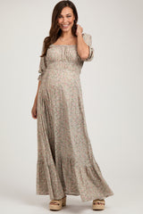 Beige Floral Criss Cross Back Maternity Maxi Dress