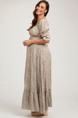 Beige Floral Criss Cross Back Maternity Maxi Dress