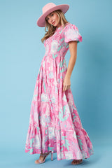 Pink Floral Smocked Short Puff Sleeve Tiered Maxi Dress