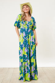 Teal Leaf Print Printed Puff Sleeve Maxi Dress