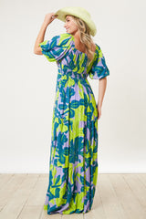 Teal Leaf Print Printed Puff Sleeve Maxi Dress