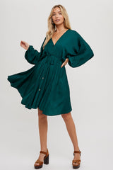 Hunter Green Satin Open-Back Dolman Sleeved Dress